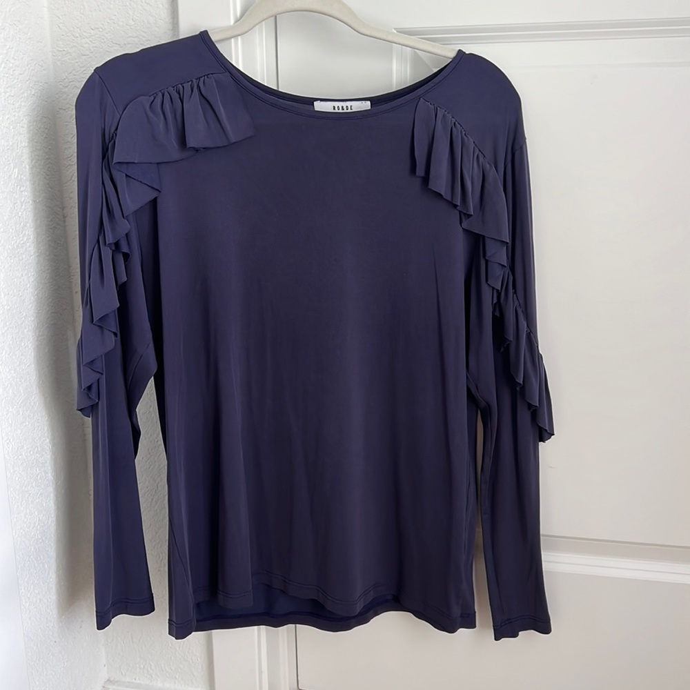 ANTHROPOLOGIE Navy Ruffle Sleeve Long Sleeve Blouse - Large